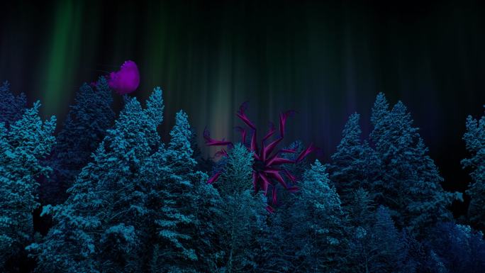 带北极光的超现实夜森林