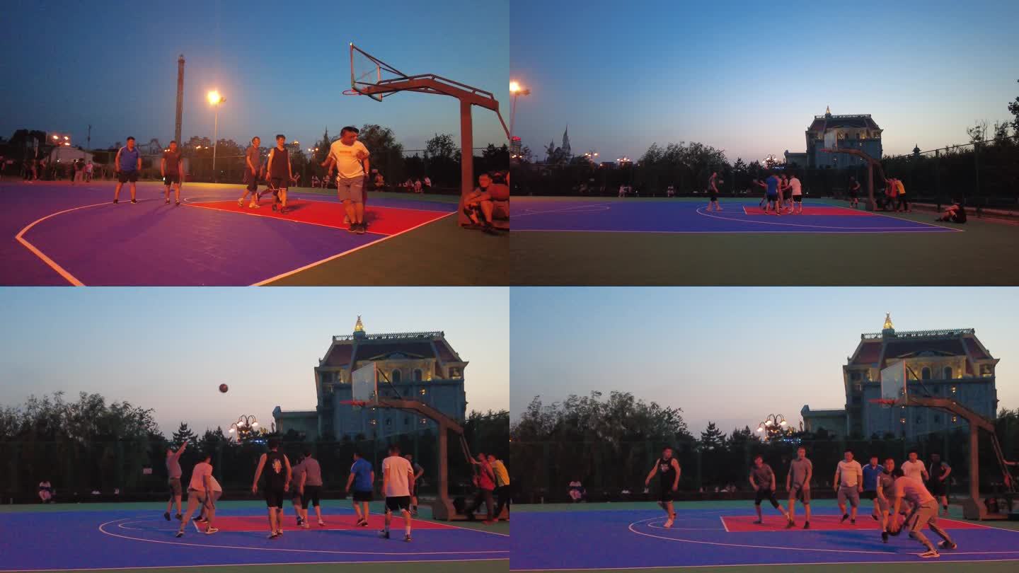 中年人打篮球幸福生活 夜场 黄昏 4K