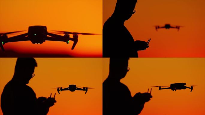 夕阳下操控无人机拍摄 无人机