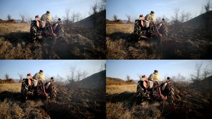 驾驶小型拖拉机和犁地的老人。农业活动、污染、烟雾