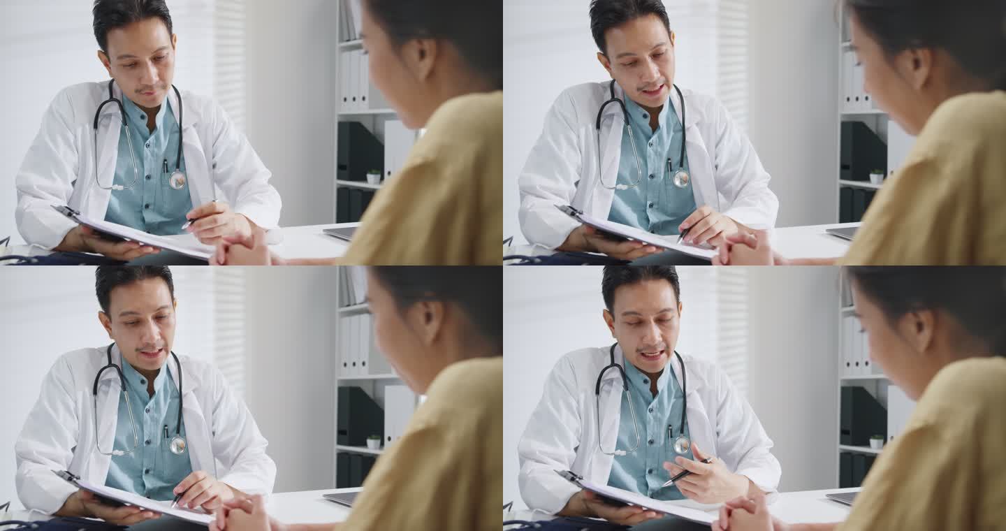 成熟的亚洲男性医生在健康诊所与女性患者会诊时的医疗结果。
