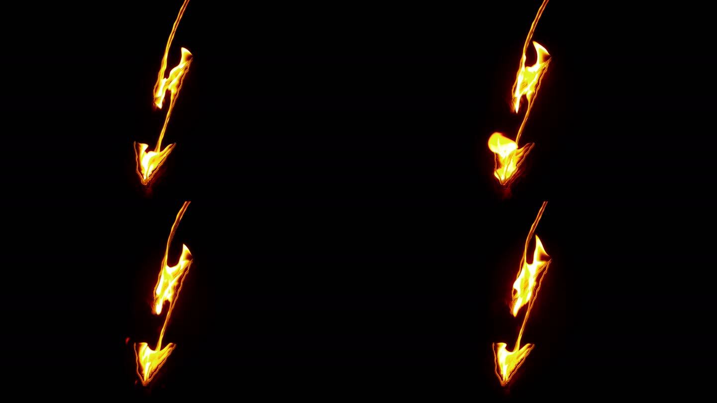 SLO MO LD在黑色背景上燃烧的闪电箭形状的火焰