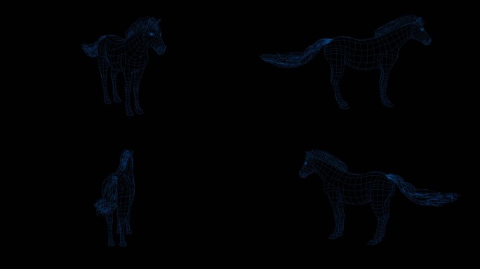 4k蓝色全息科技线框动物马素材带通道