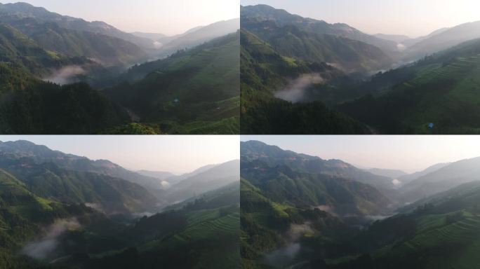 清晨航拍山谷薄雾恢弘壮丽峡谷