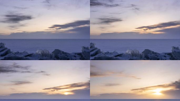 冬天的结冰的青海湖的冰面日出延时摄影
