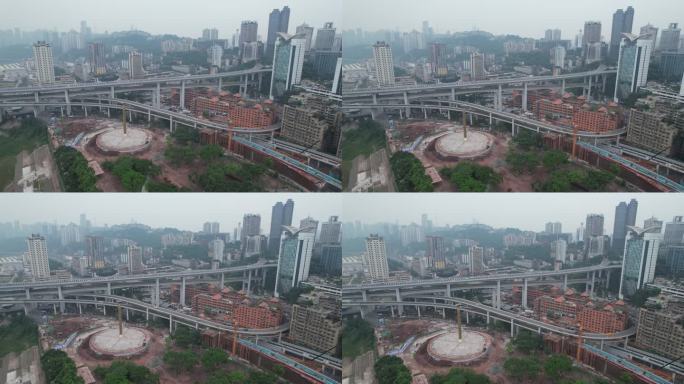 航拍重庆菜园坝桥头立体交通