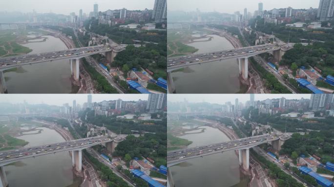 航拍重庆长江大桥交通车流