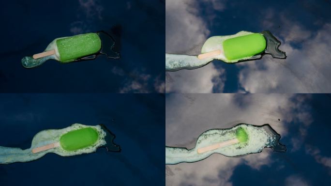 4K日程表-绿色冰淇淋（冰棍）在蓝天背景下融化