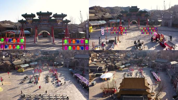 北京冬季古北水镇航拍小广场热闹气氛