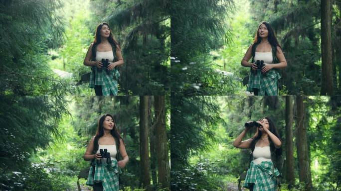 年轻女子在森林中使用望远镜