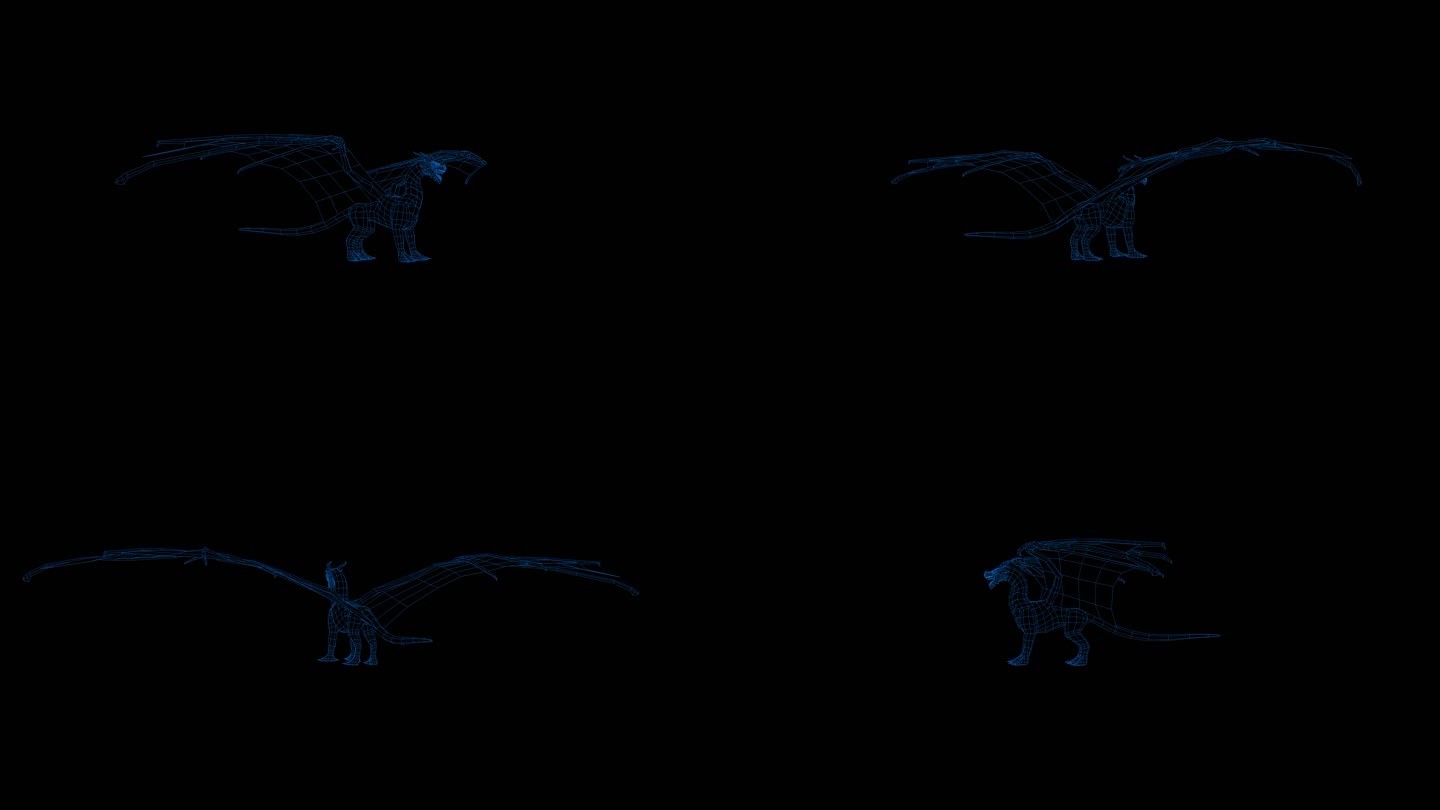 4k蓝色全息科技线框变异龙素材带通道
