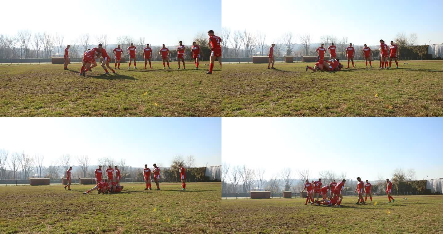 户外橄榄球训练橄榄球运动员操场草地训练撞