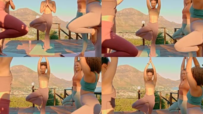 年轻的瑜珈师在大自然中的一个精神健康疗养所，用一条腿的姿势练习平衡，感觉平静和平和。一群妇女在清晨的