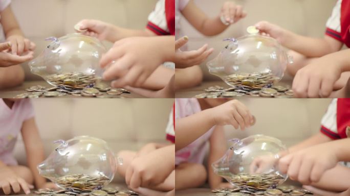 这孩子练习存钱。存钱罐特写4k高清素材