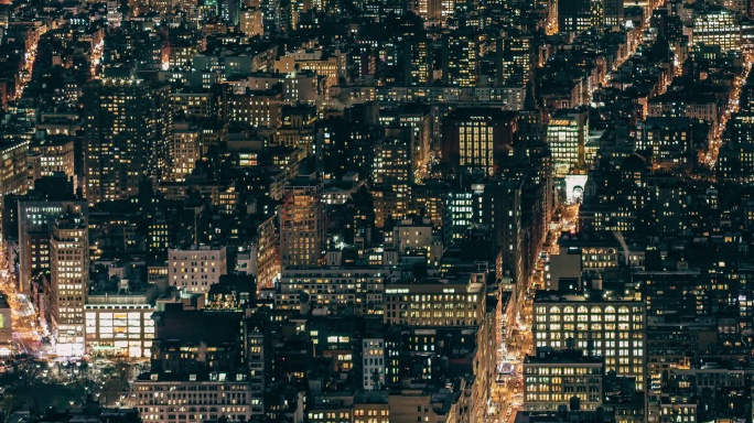 纽约曼哈顿夜间建筑T/L鸟瞰图