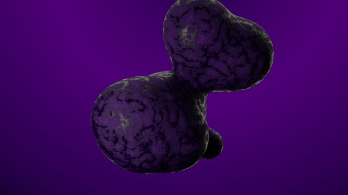 黑色抽象液体，呈油滴形式，在紫色背景下在失重状态下移动。