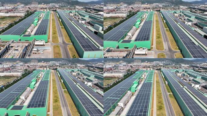 航拍工业厂房屋顶光伏太阳能发电