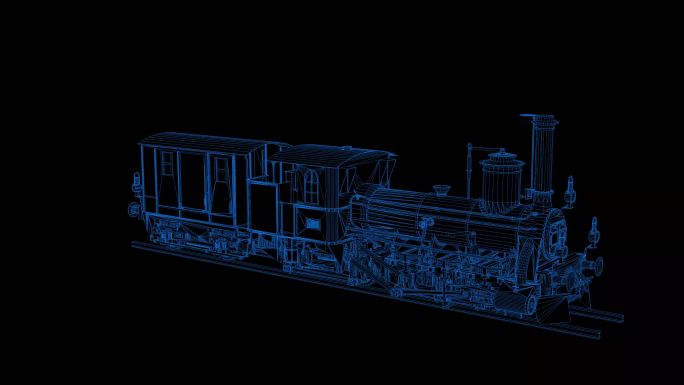 4k蓝色全息科技线框蒸汽火车素材带通道