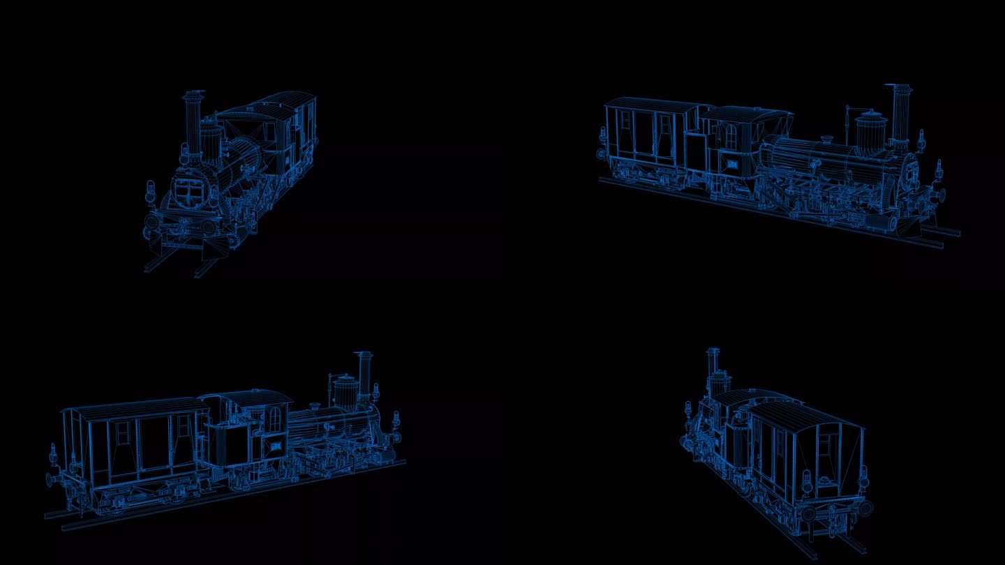 4k蓝色全息科技线框蒸汽火车素材带通道