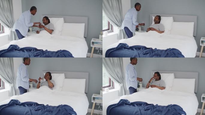 一名成年男子在家中床上从妻子那里得到药物的4k视频片段