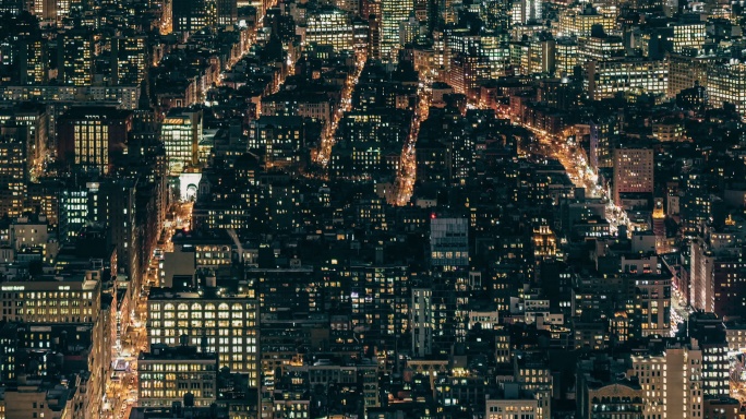 纽约曼哈顿夜间建筑T/L鸟瞰图