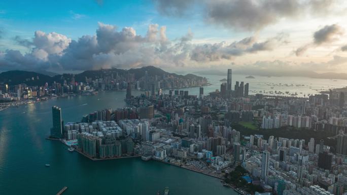 香港城市航拍延时九龙区港岛大景蓝天白云