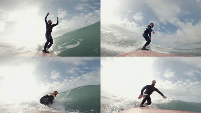 带动作相机的冬季冲浪pov：长板上的男人