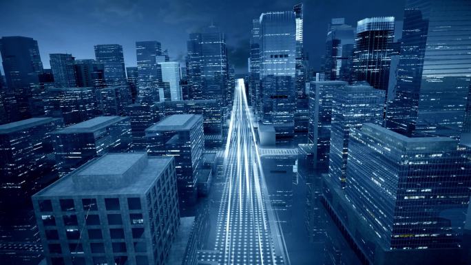 夜景科技感智慧水晶体城市穿梭飞行