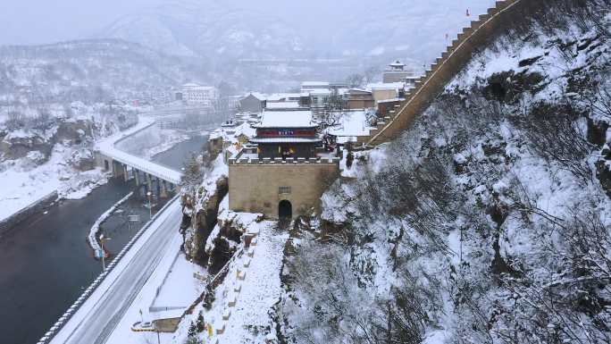 航拍山西阳泉娘子关长城雪景