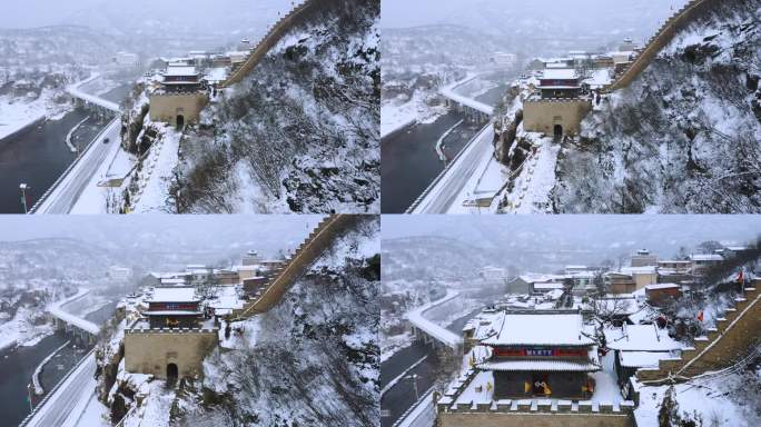 航拍山西阳泉娘子关长城雪景