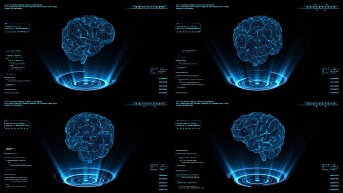蓝色全息线框科技大脑素材带通道
