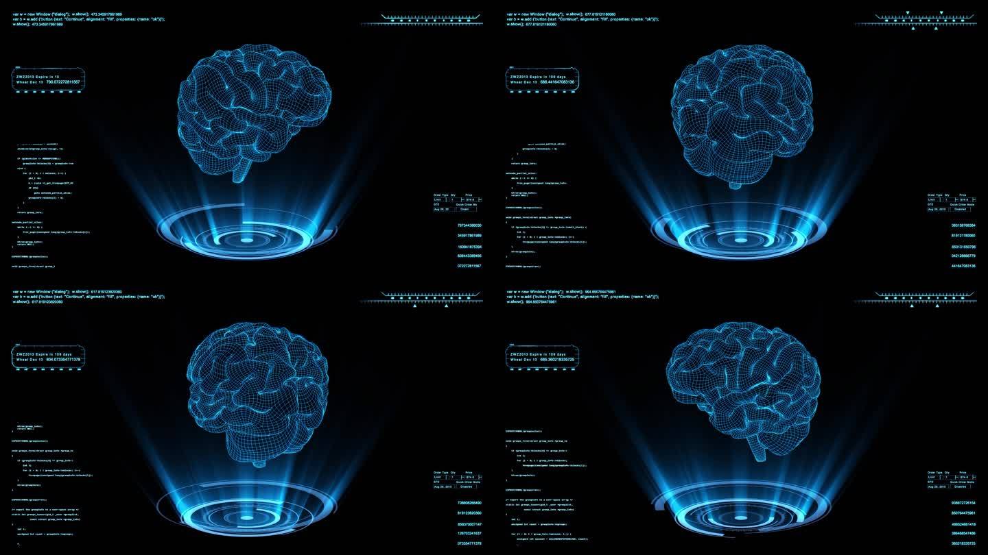 蓝色全息线框科技大脑素材带通道