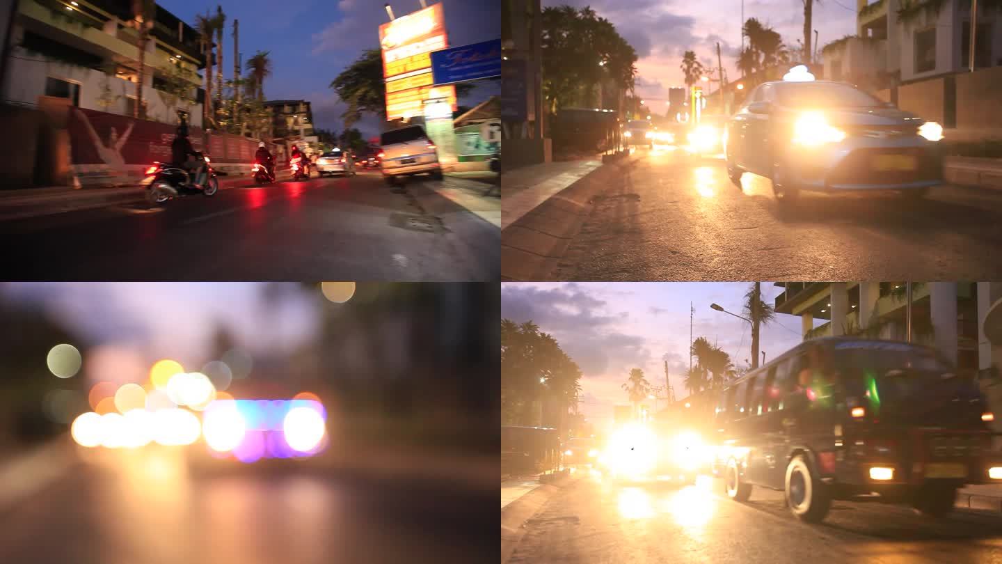 夕阳下的街道 逆光行驶的汽车 印尼街景