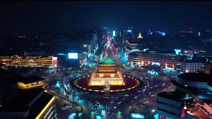 西安钟楼永宁门背面夜景航拍镜头组4k