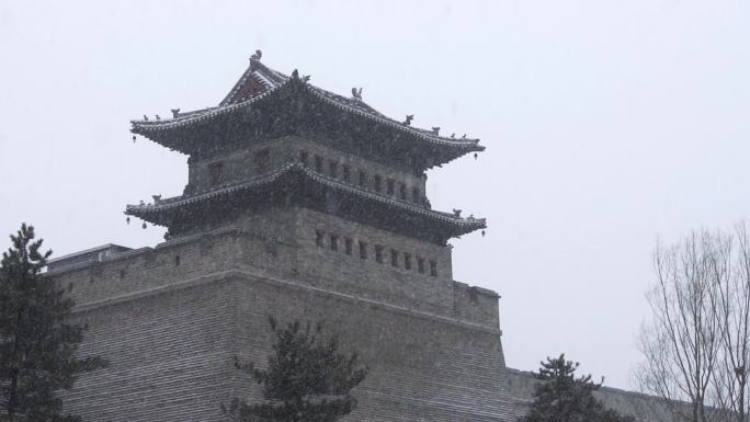 山西大同城墙冬季雪景降雪