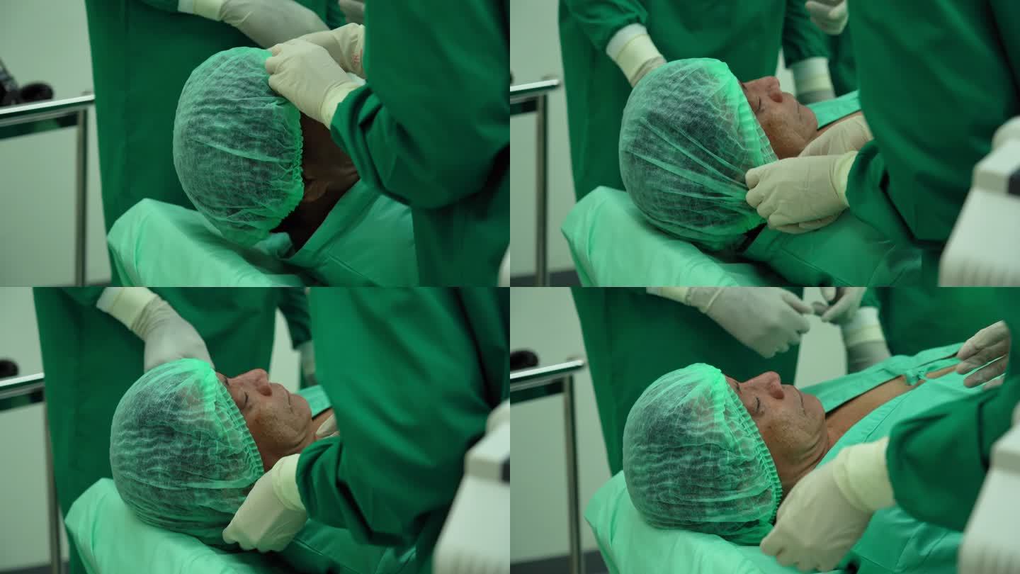 执行外科手术的医疗团队 在手术室为昏迷患者放置氧气面罩呼吸机