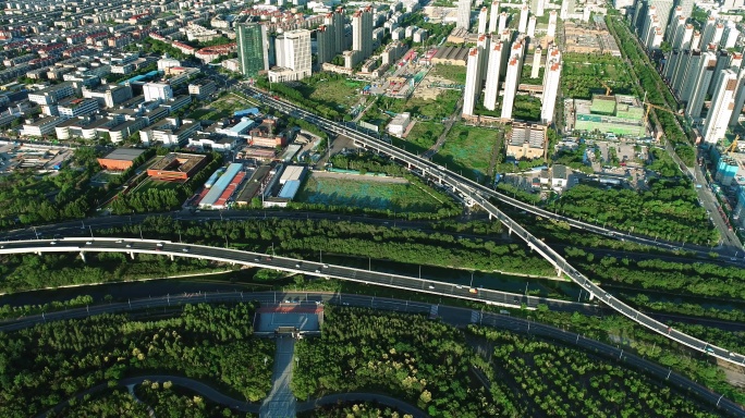 天津城市交通、车流航拍鸟瞰