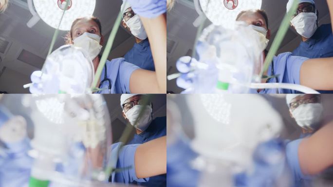 医疗专业人员将氧气面罩放在看不见的患者身上