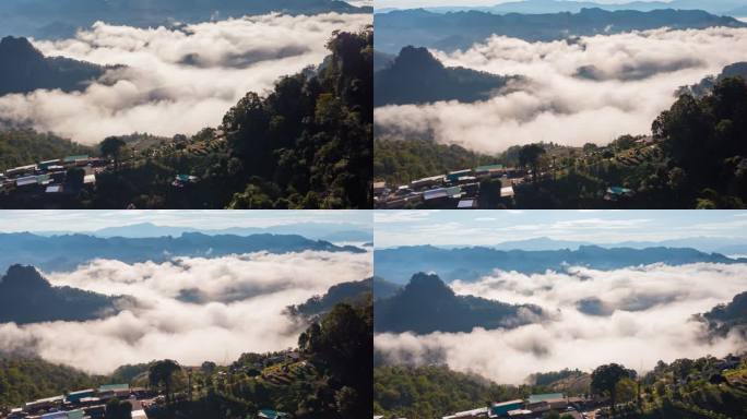 迷雾上的神秘村庄丛林雾气缭绕云海