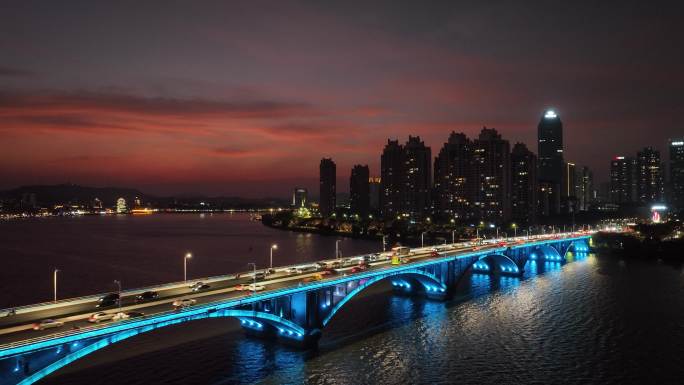 惠州惠城区CBD日落晚霞夜景航拍