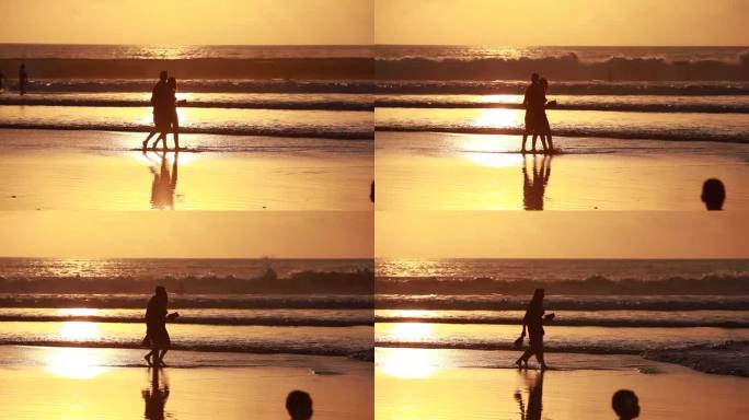 海边夕阳 海边日落 幸福的情侣海边散步