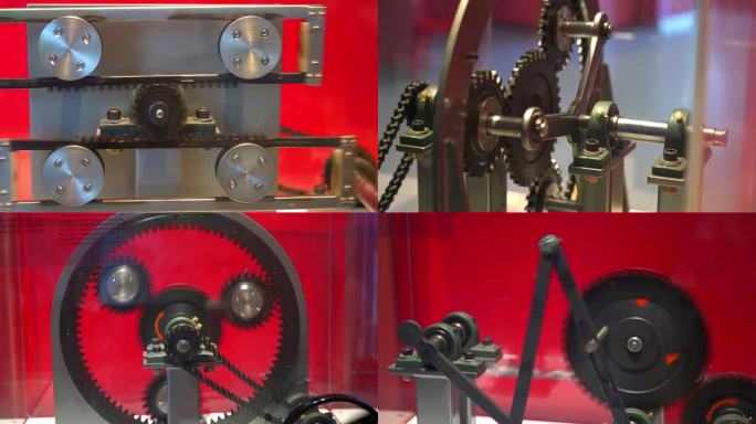 科技馆里展示的各种机械传动装置模型