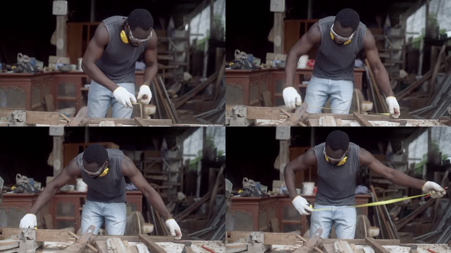 木工修理家具黑人男性尺子眼镜