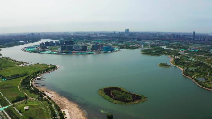 郑州金融岛湿地浮岛航拍多组镜头