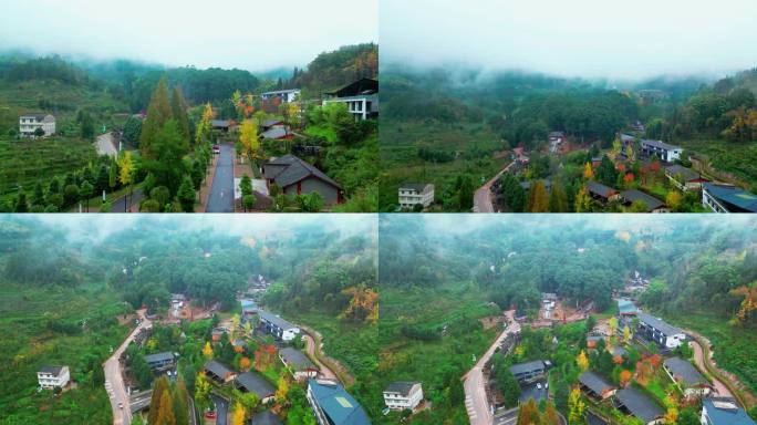 云峰山停车场鸟瞰云峰寺秋色朦胧