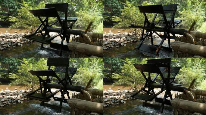 河中的木制水轮机水系植物