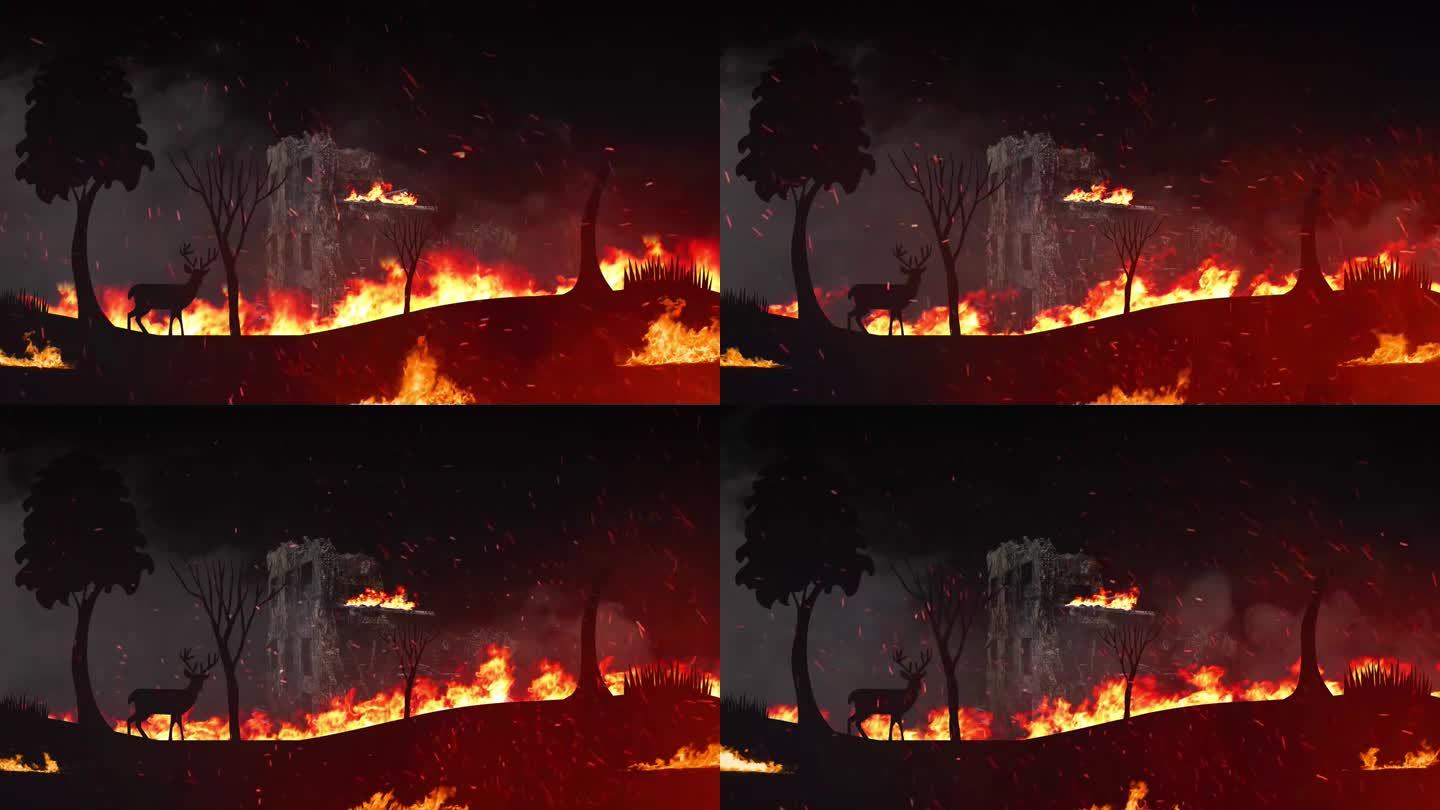 火夜和野生动物剪影卡通。山区危险森林火灾动画。火焰和燃烧树木的概念。森林火灾景观，野生地形。人工火灾