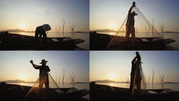 当地渔民早上在水中抛渔网捕鱼的生活方式视频片段