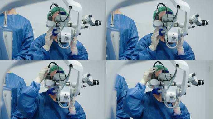 眼科专家用显微镜进行眼科手术