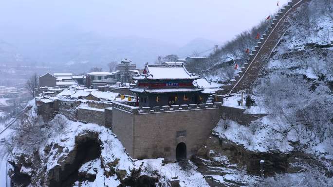 航拍山西阳泉娘子关长城雪景